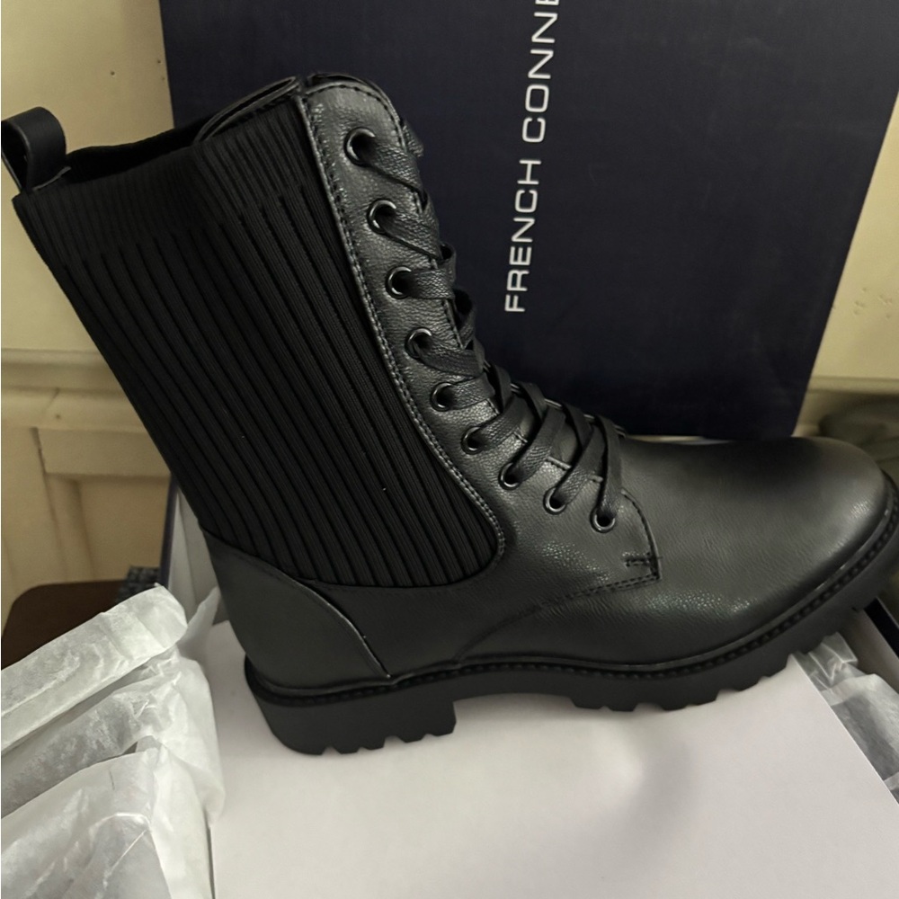 French Connection Womens Lydell Black Knit Combat & Lace-Up Boots Shoes BNWT-10